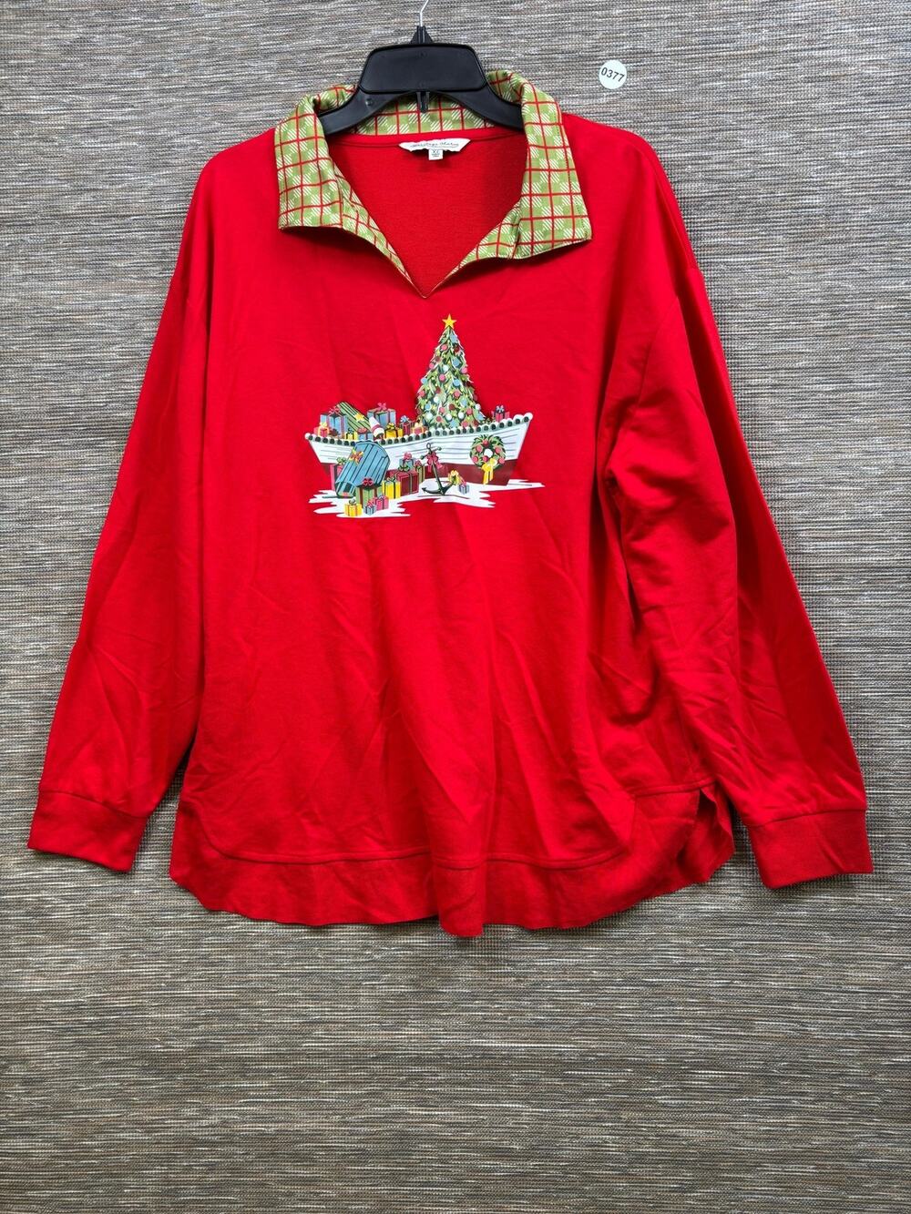Heritage Charms Shirt Womens XL Red Christmas Boat Tree Graphic Tunic Top